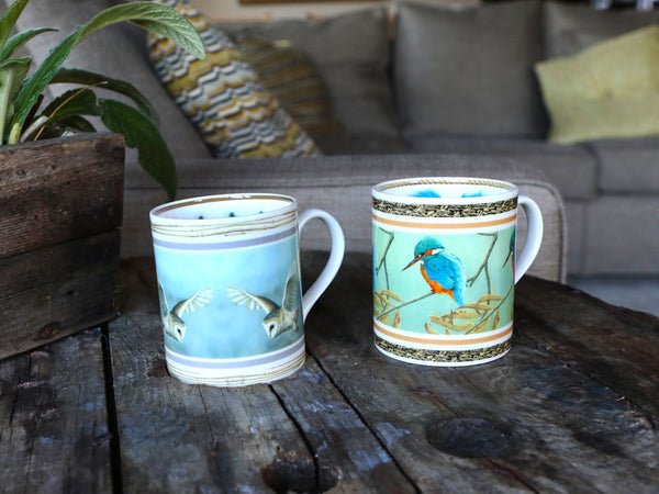 Barn Owl and Kingfisher Mugs | Fine Bone China | Set of 2