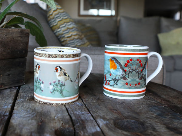 Tasses Chardonneret et Rouge-gorge | Porcelaine fine | Lot de 2