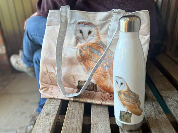 Barn owl | Luxury water bottle & velvet tote bag