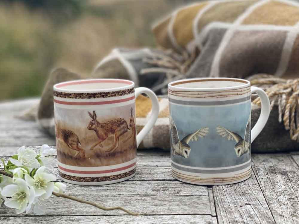 Tasses Chouette effraie et lièvre | Porcelaine fine | Lot de 2