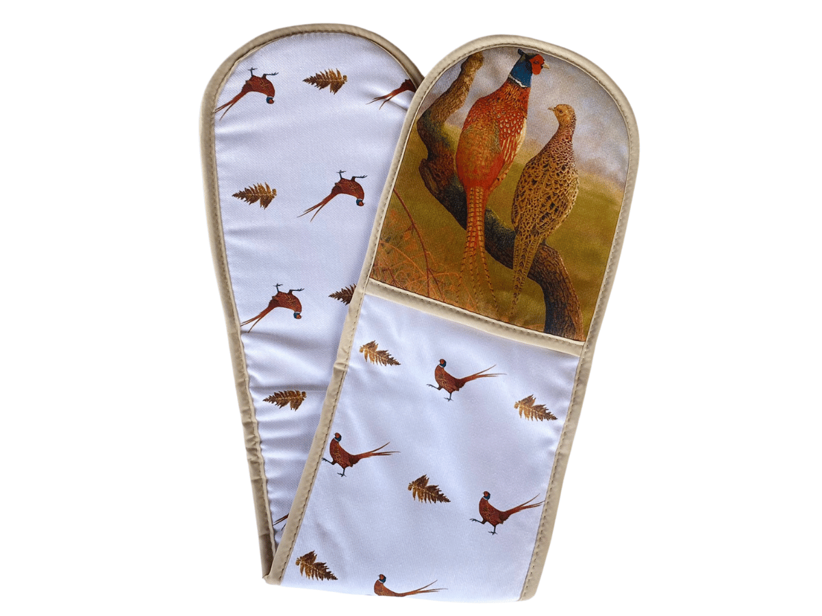 Ensemble de gants de cuisine et tablier doubles Courting Pheasants | 100 % coton épais