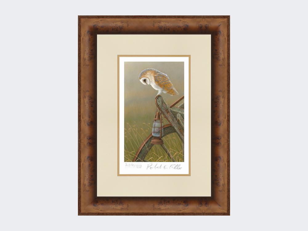 Barn-Owl-on Cart-Limited-Edition-Print-Medium-Walnut-Burr