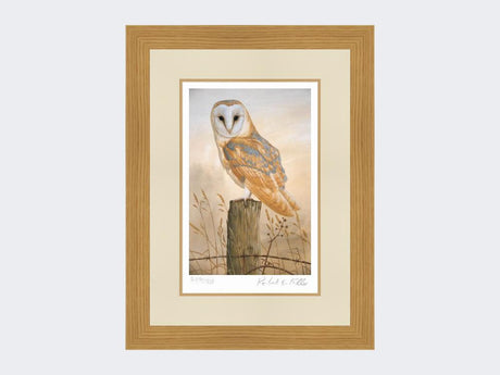 Barn-Owl-on-Fence-Post-Print-Light-Oak