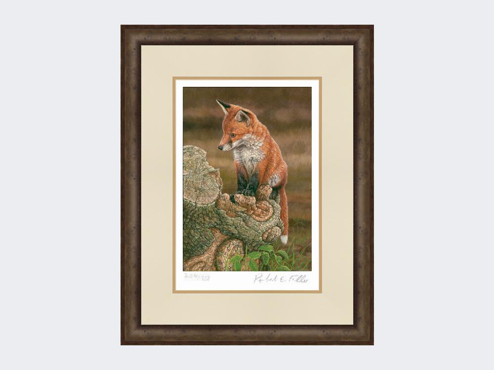 Fox-on-tree-stump-Print-Small-Dark-Grey-Burr