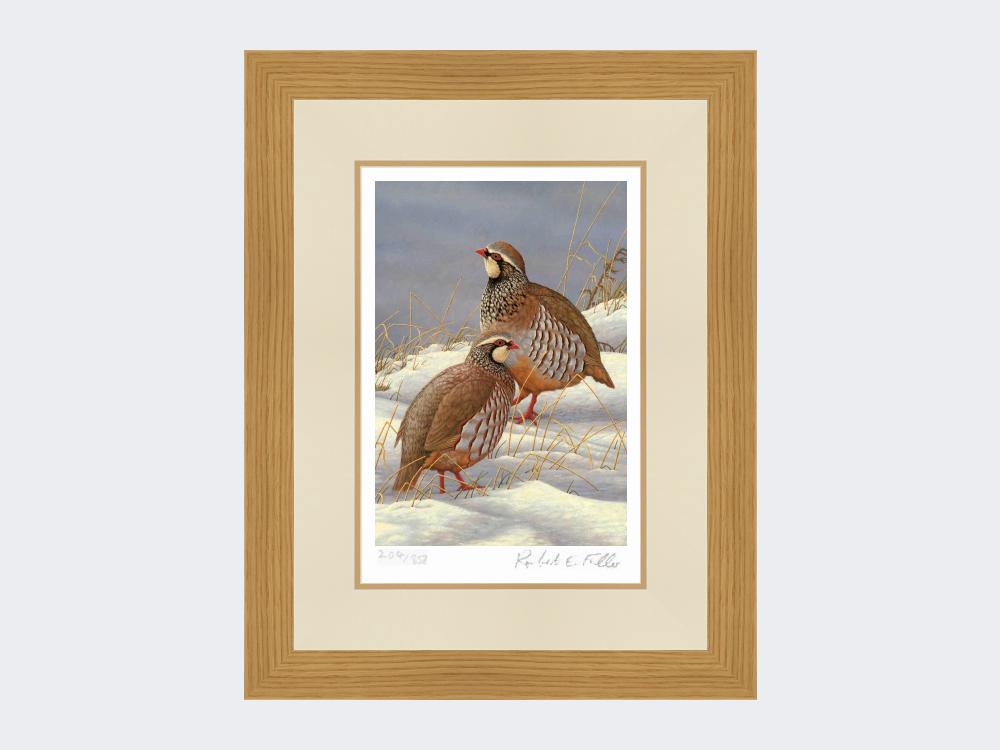 Red-Legged-Partridges-in-Snow-Print-Light-Oak