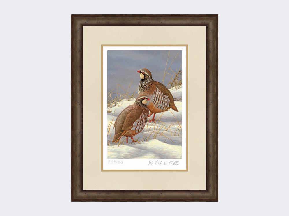 Red-Legged-Partridges-in-Snow-Print-Small-Dark-Grey-Burr